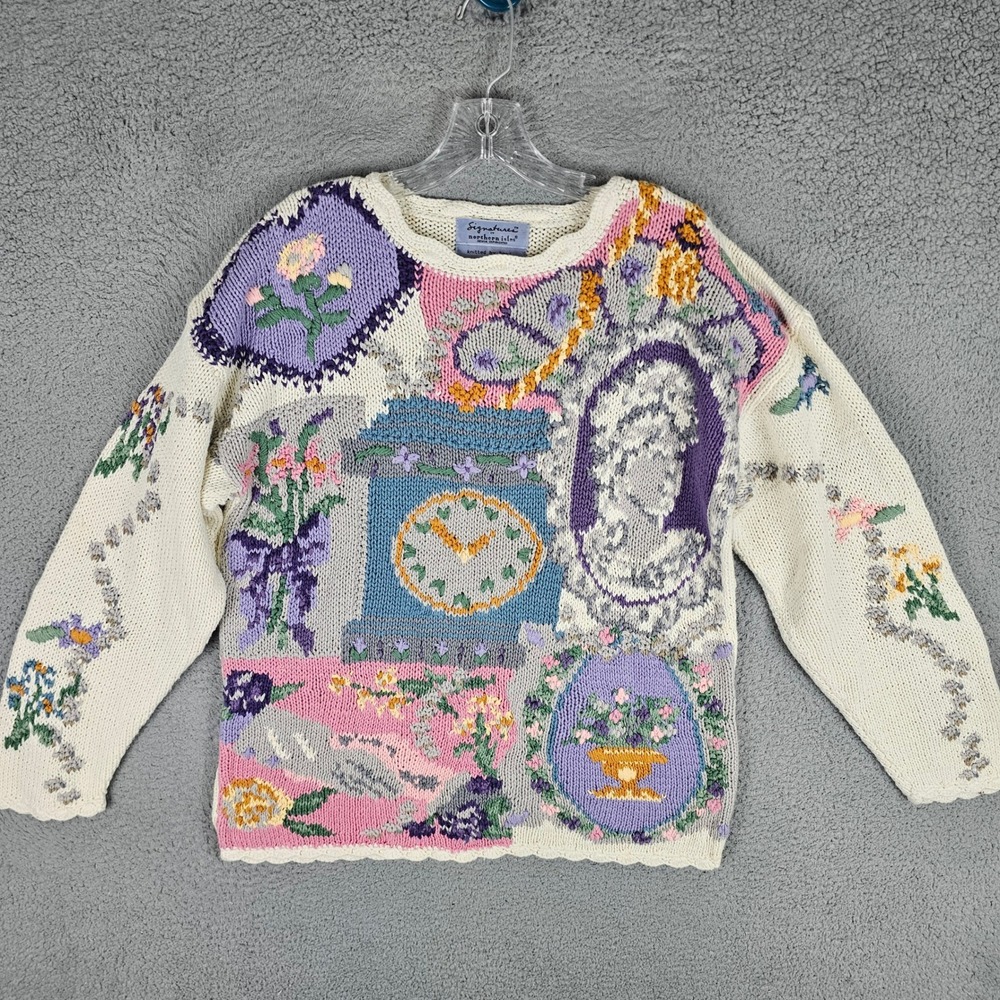 Signatures Northern Isles Sweater Womens S Cream 100404 Hand Knit Floral Clock